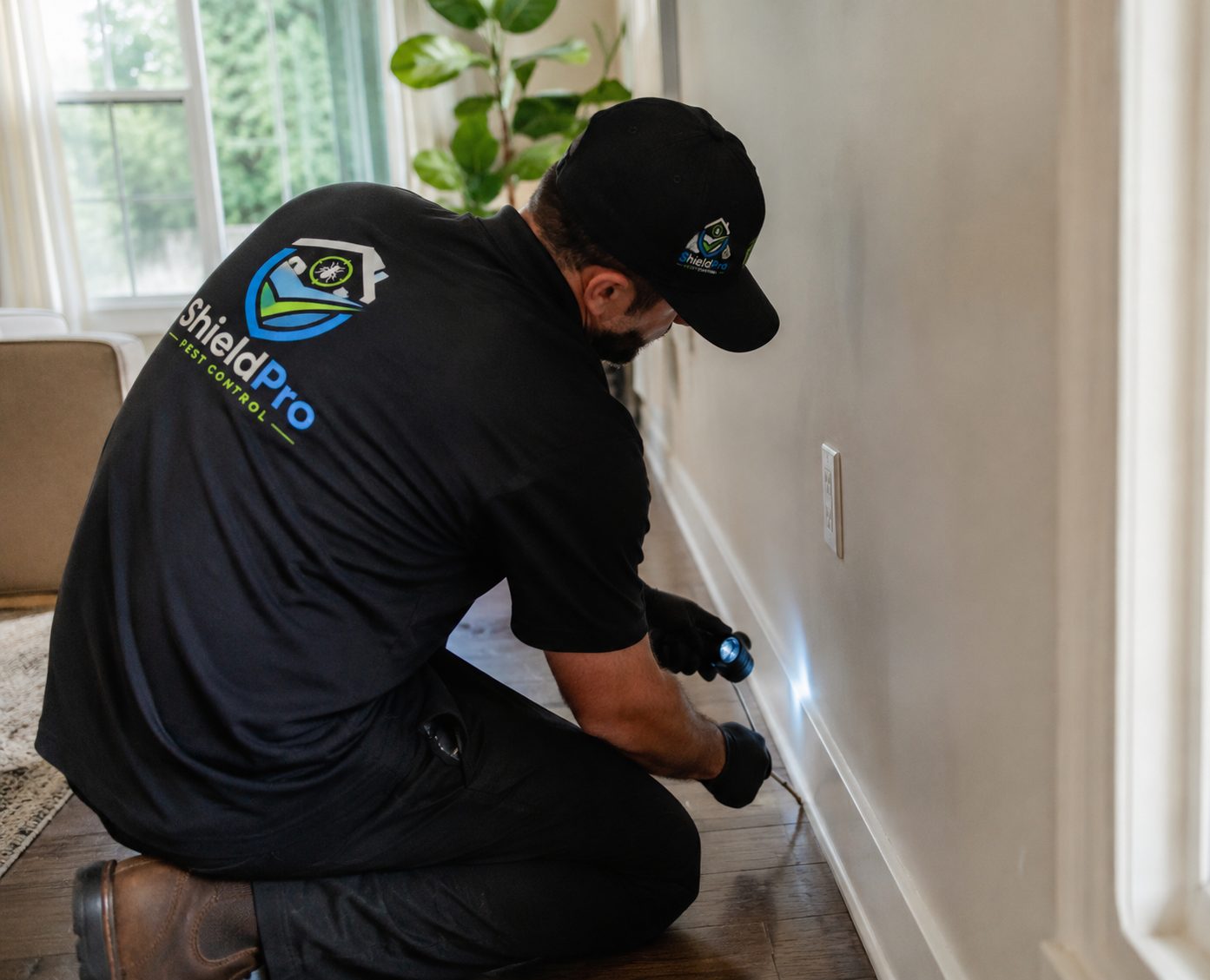 ShieldPro technician inspecting a baseboard for pest activity