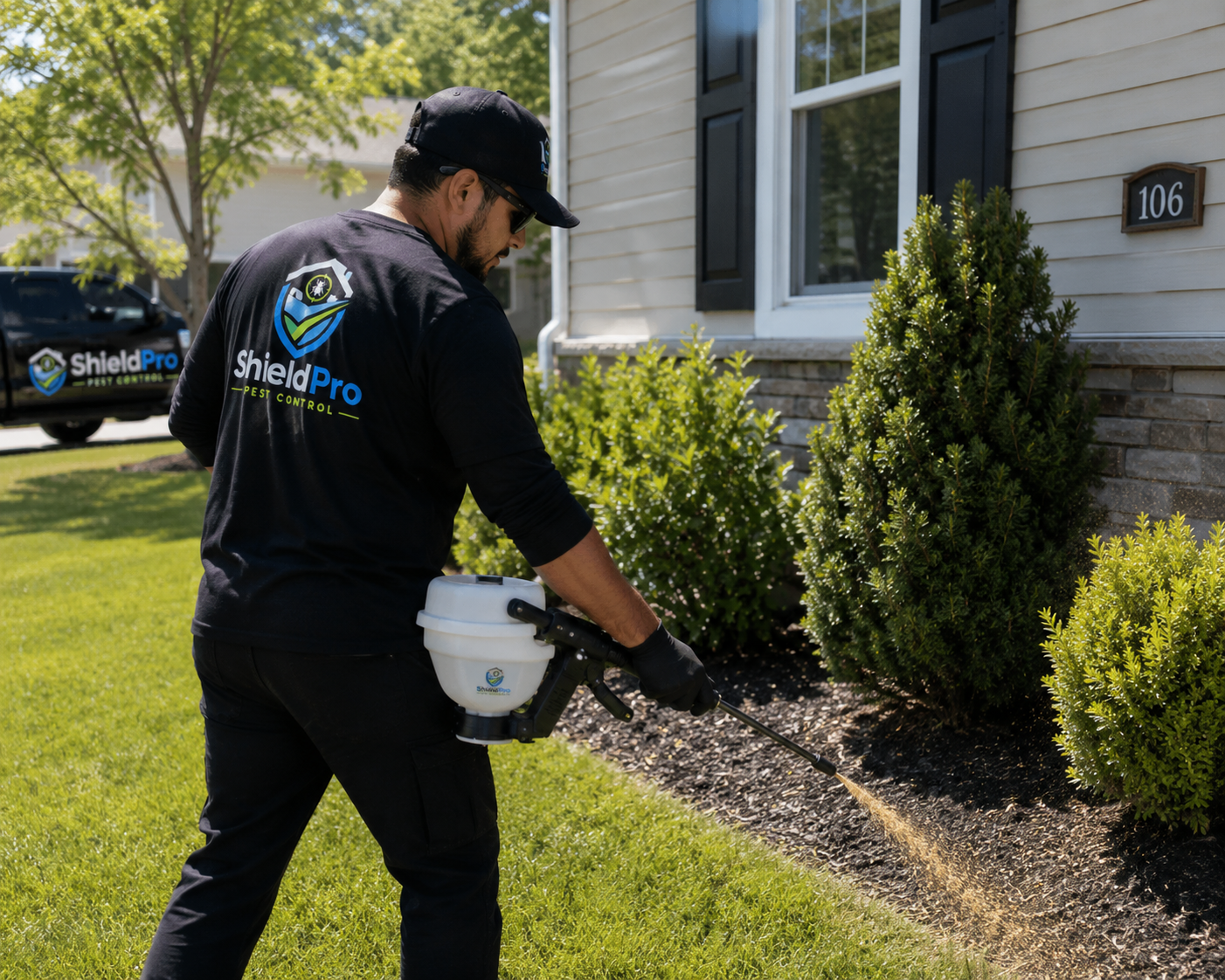 ShieldPro technician treating exterior shrubs and foundation